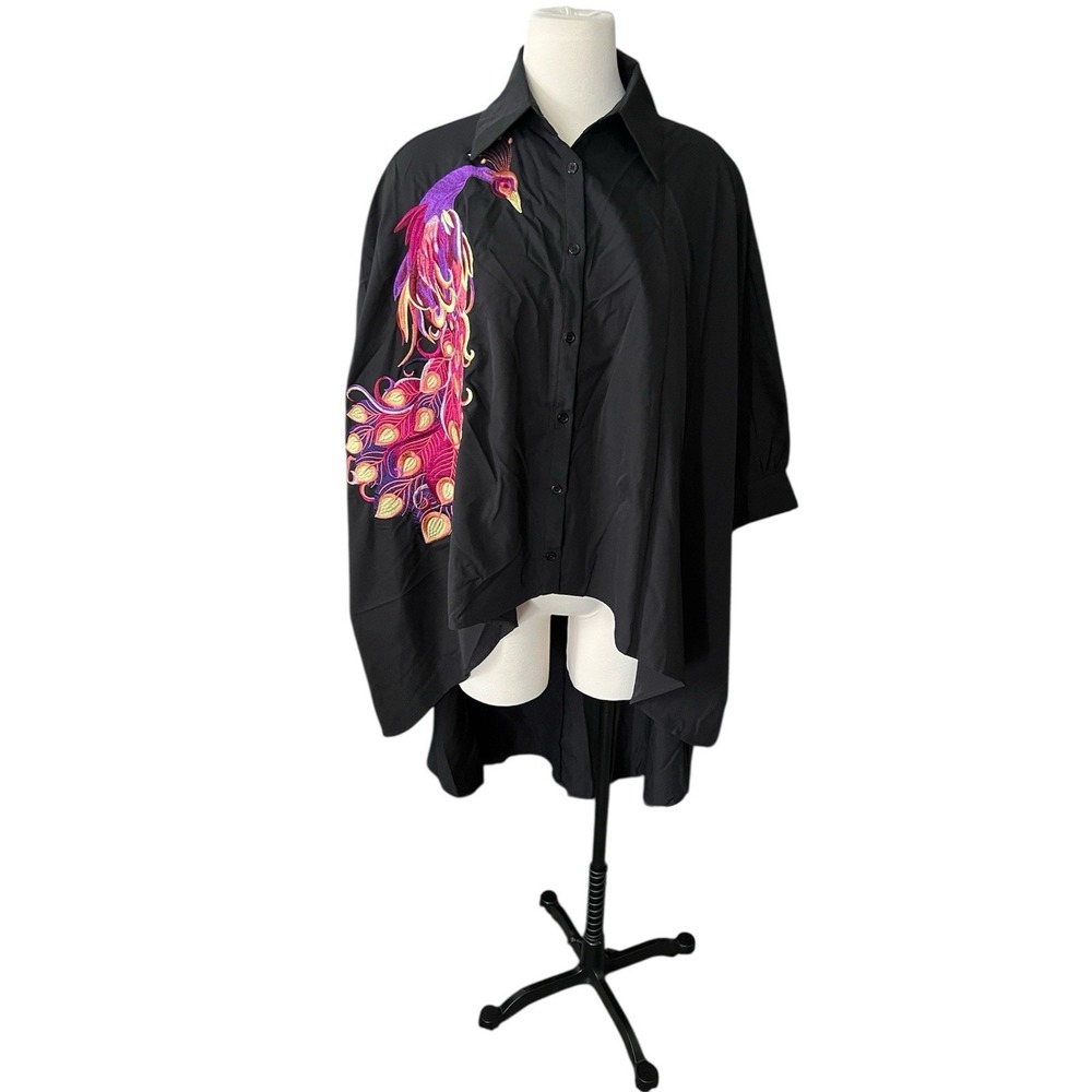 CQ By CQ Embroidered Peacock Button Front Shirt High-Low Oversized Small Artsy